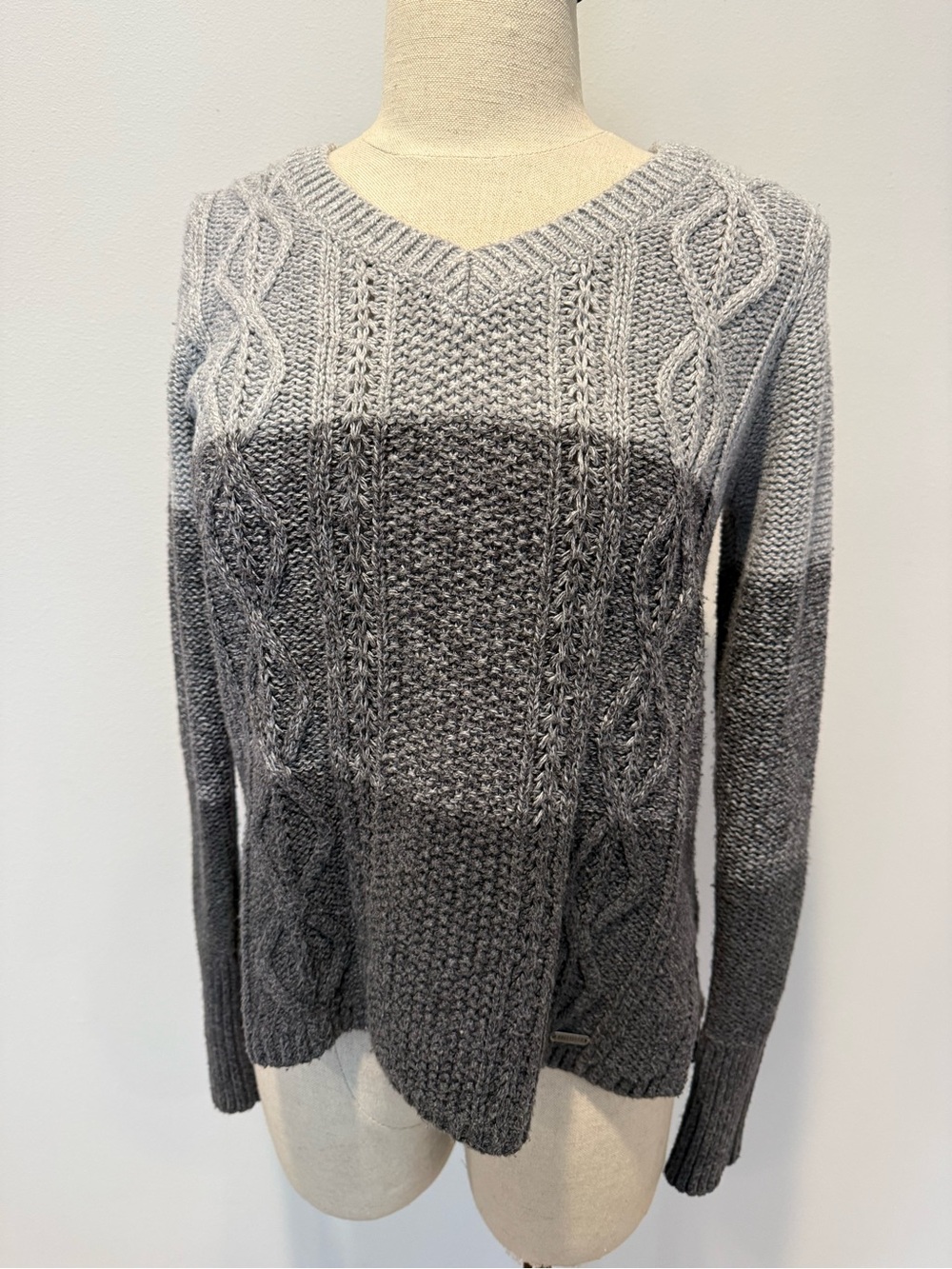 Striped grey cable knit color block sweater
